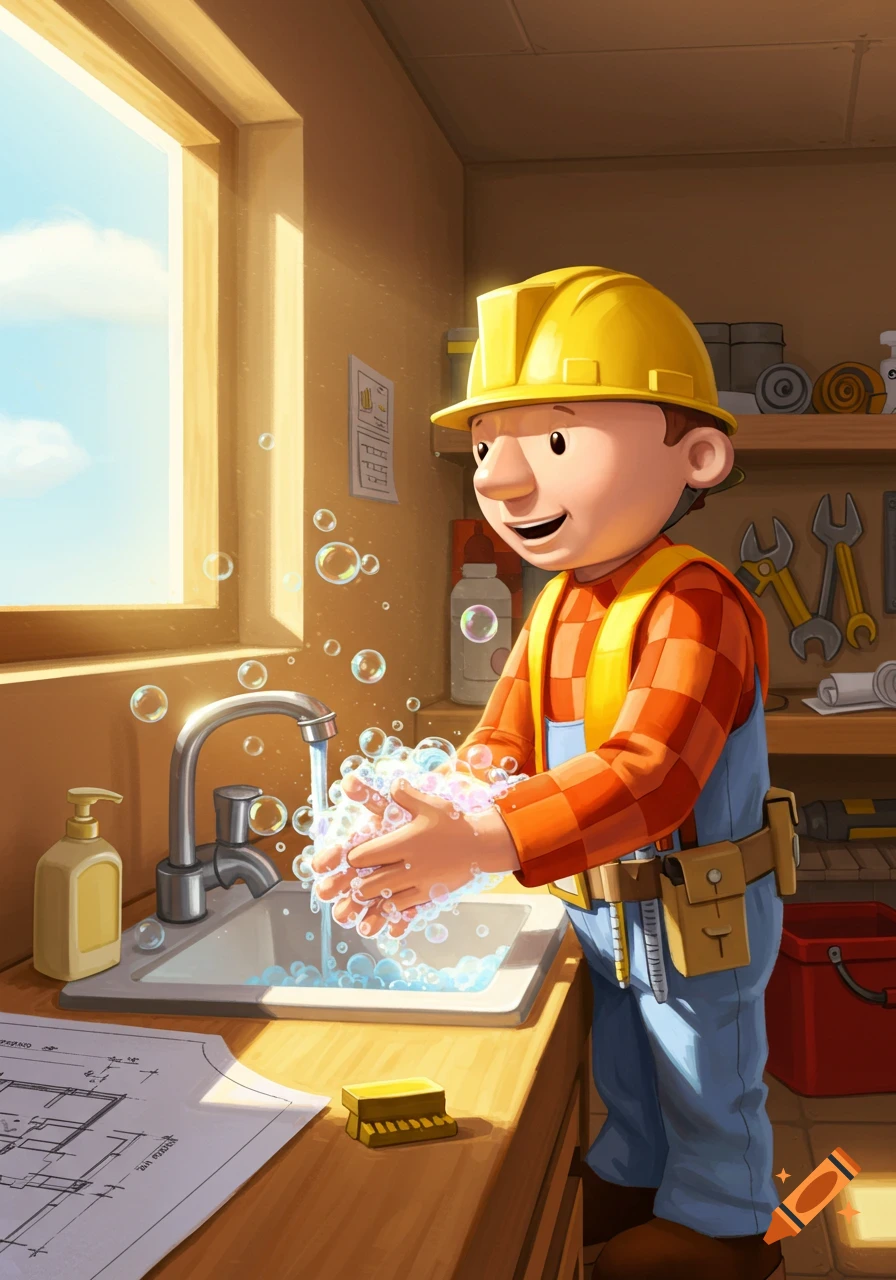 Cartoon Bob the Builder, wearing a yellow hard hat and work clothes, washes his hands with soap and bubbles at a sink.