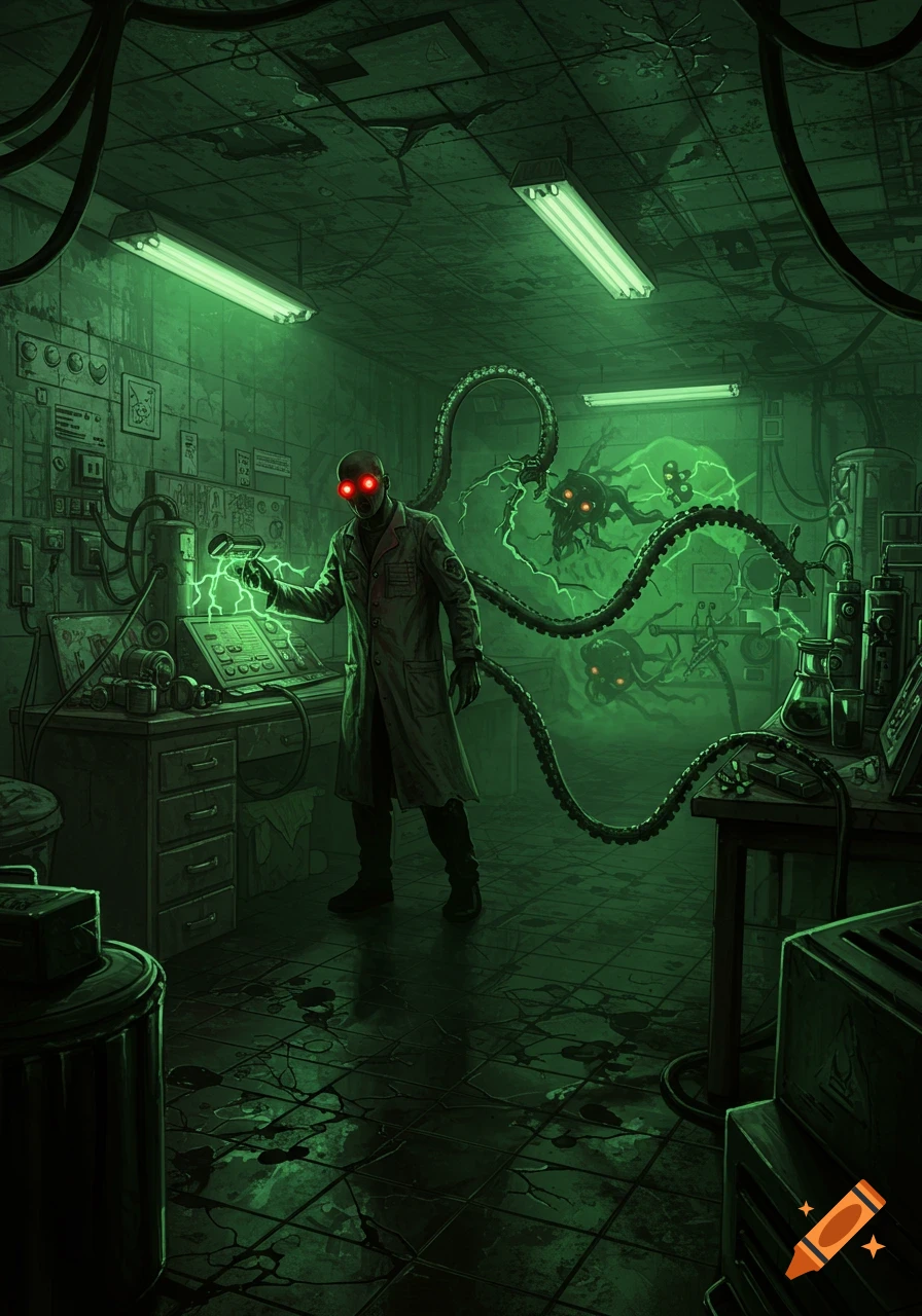 A masked scientist with glowing red eyes and metallic tentacles stands in a dark, grimy sci-fi lab, electrical energy crackling in a comic book style.