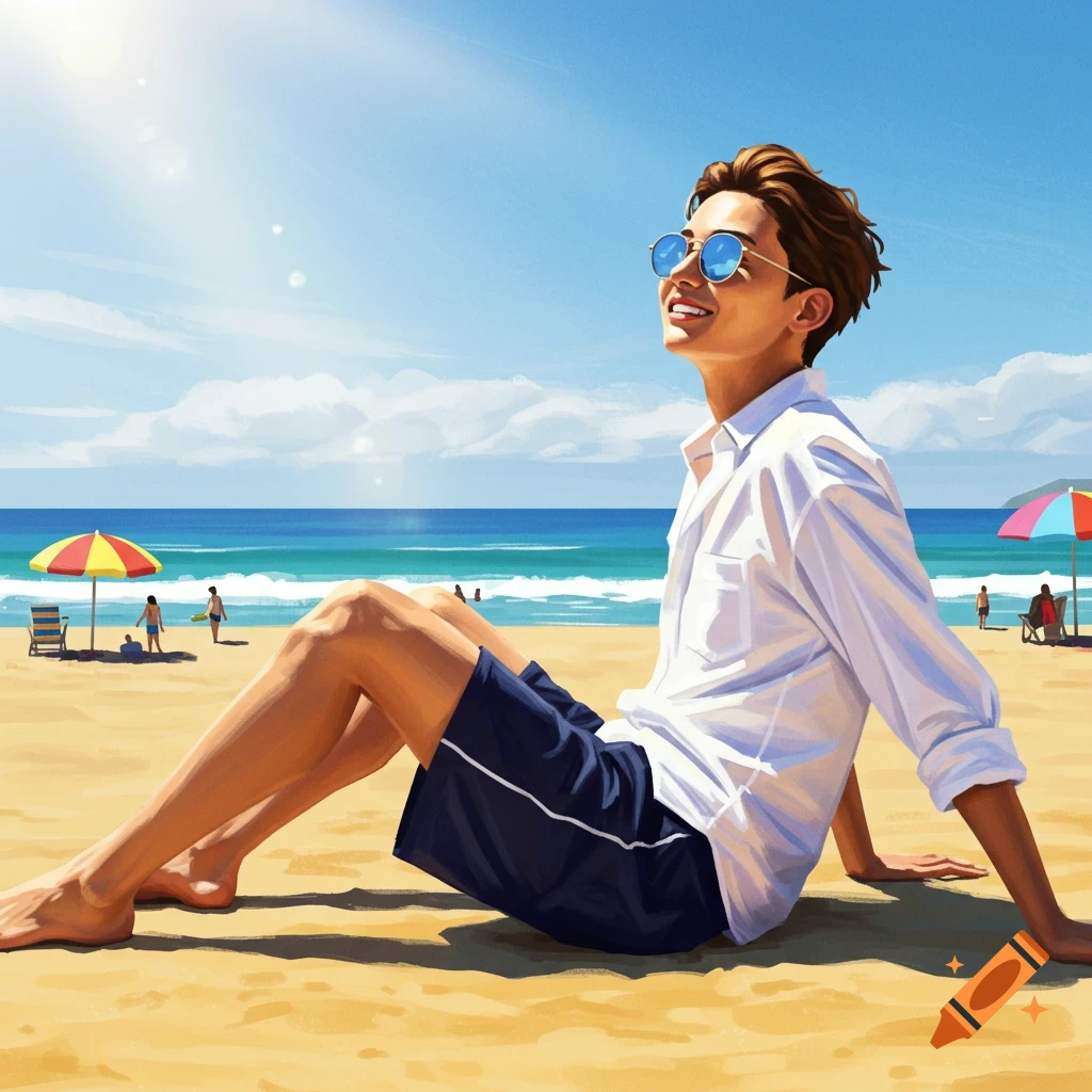A young man with sunglasses and a white shirt sits on a sunny beach, smiling and looking up at the sky. Digital illustration.