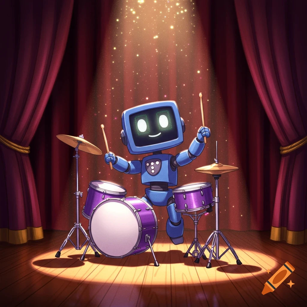 A cute blue robot with a screen face plays purple and white drums on a wooden stage under a spotlight, with red curtains behind.