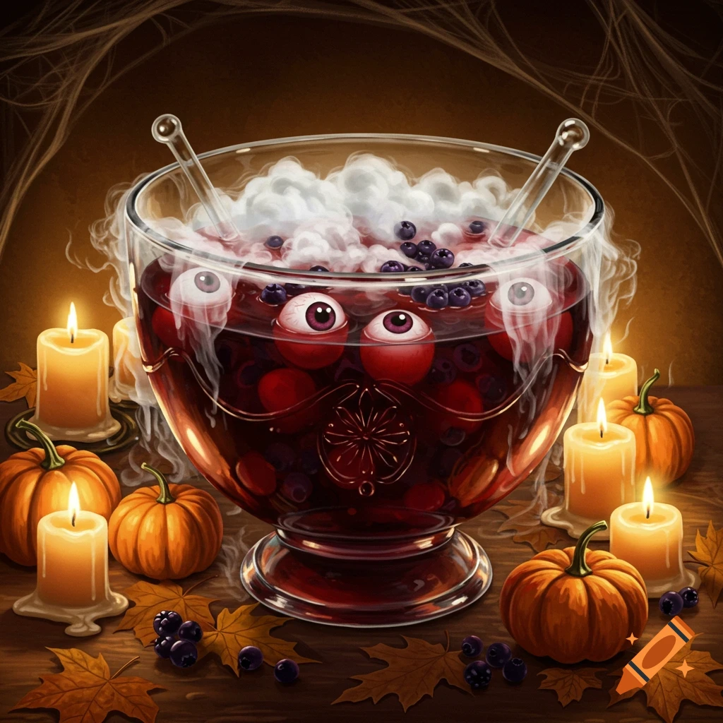 A spooky Halloween punch bowl filled with red liquid, floating eyeballs, and blueberries, emitting fog, surrounded by lit candles, small pumpkins, autumn leaves, and cobwebs.