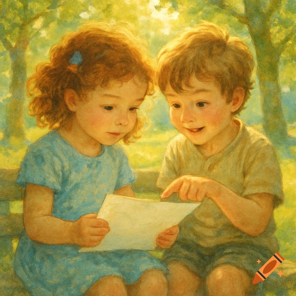 Two young children, a girl in a blue dress and a boy, sit together outdoors, looking at a blank paper in a painterly style.