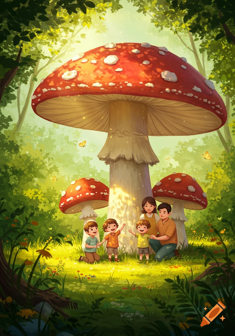 An illustration of a family of five in a magical forest with giant red mushrooms and butterflies.
