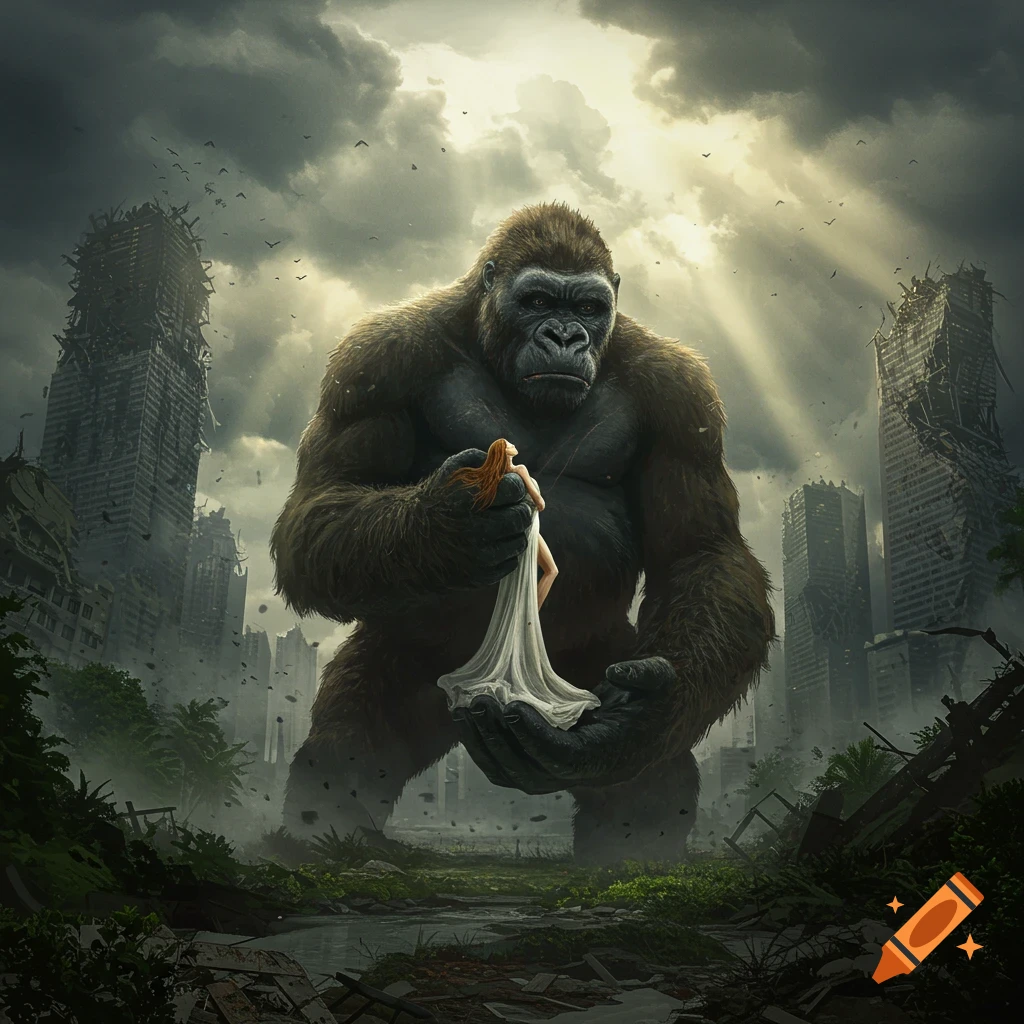 A giant gorilla gently holds a woman in a white dress in a ruined city under a dramatic sky.