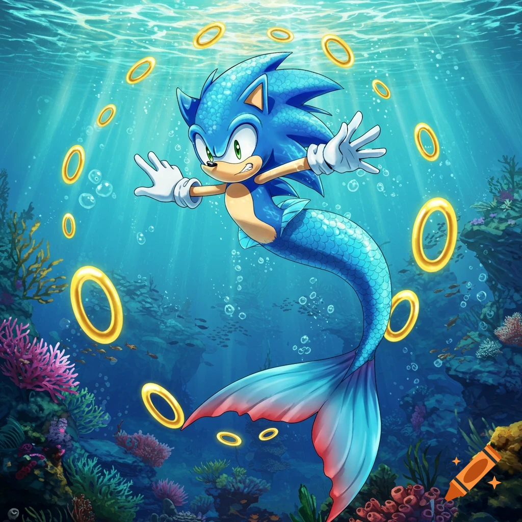 Anime art of Sonic the Hedgehog as a merman, swimming underwater among coral and gold rings.