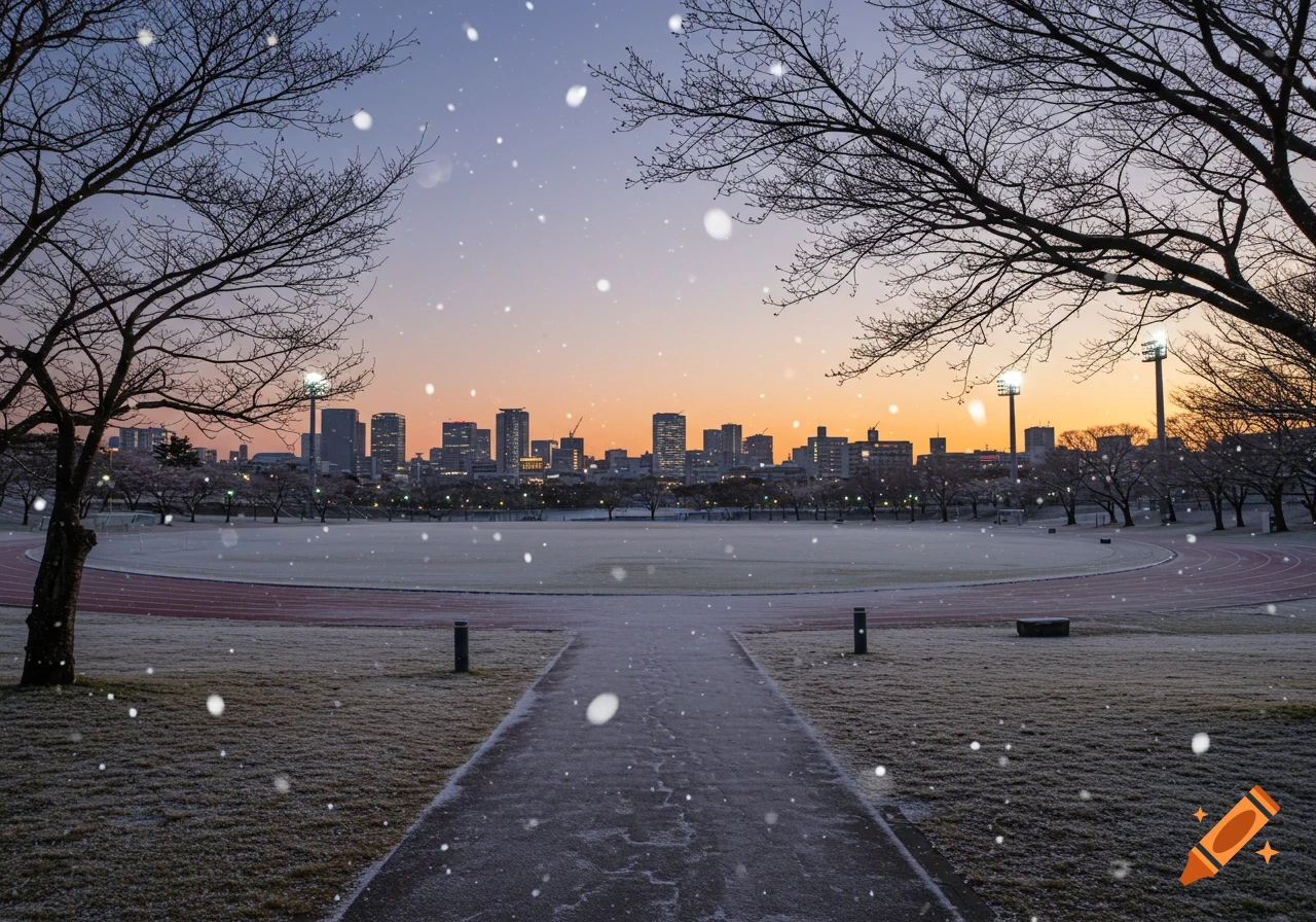 A snow-covered athletic park at dusk, with a city skyline in the background and bare trees framing the scene.