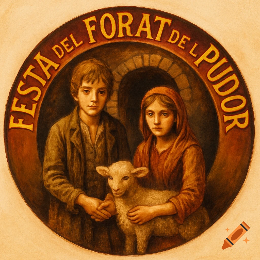 A circular emblem style painting of a boy and girl, holding hands, with a lamb between them in front of a stone tunnel. Text at the top reads "FESTA DEL FORAT DE L PUDOR".