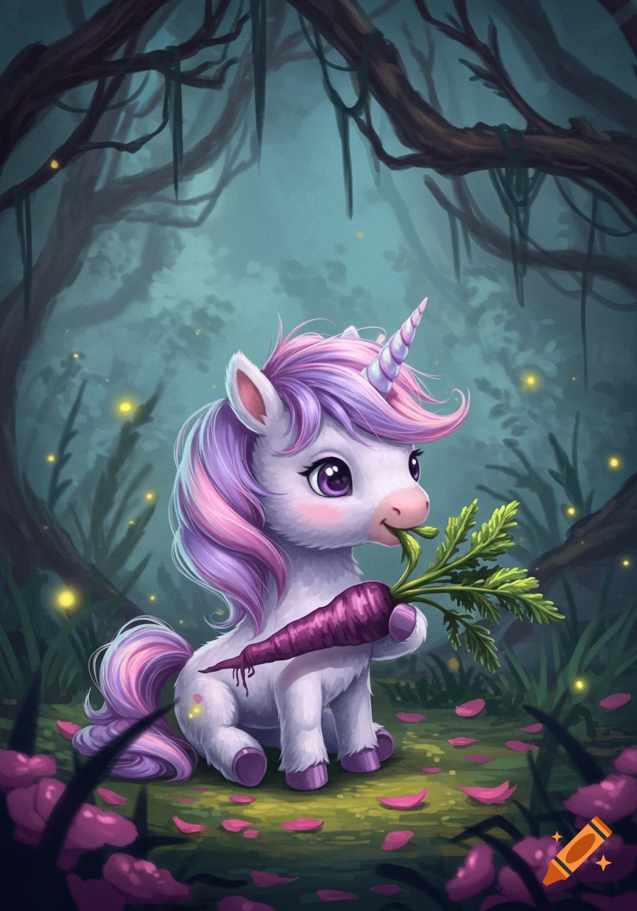 A cute, fluffy unicorn with a pink and purple mane sits in a magical forest, happily eating a purple carrot.