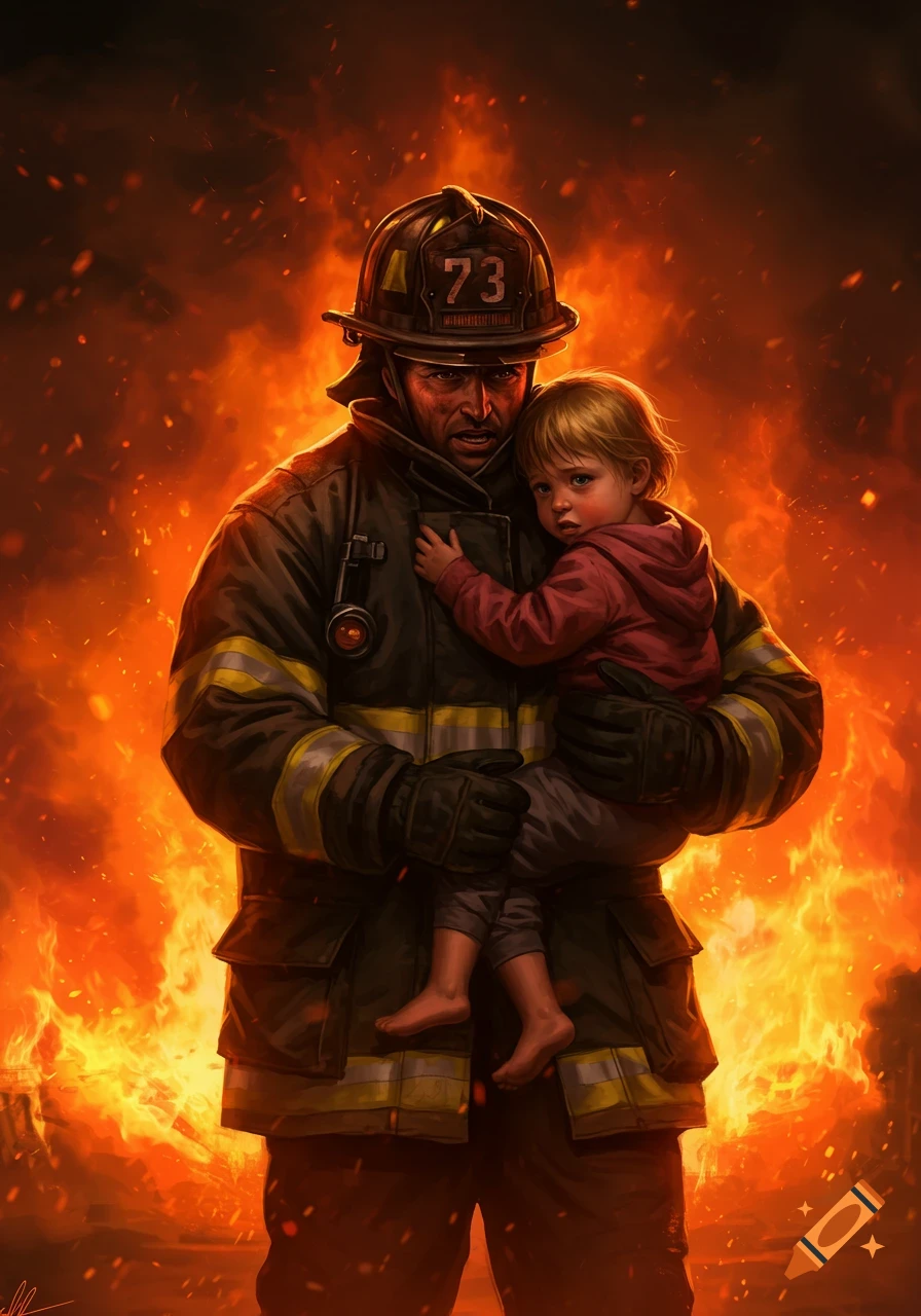 A heroic firefighter carries a small child through a raging inferno in a dramatic digital painting, with '73' on his helmet.