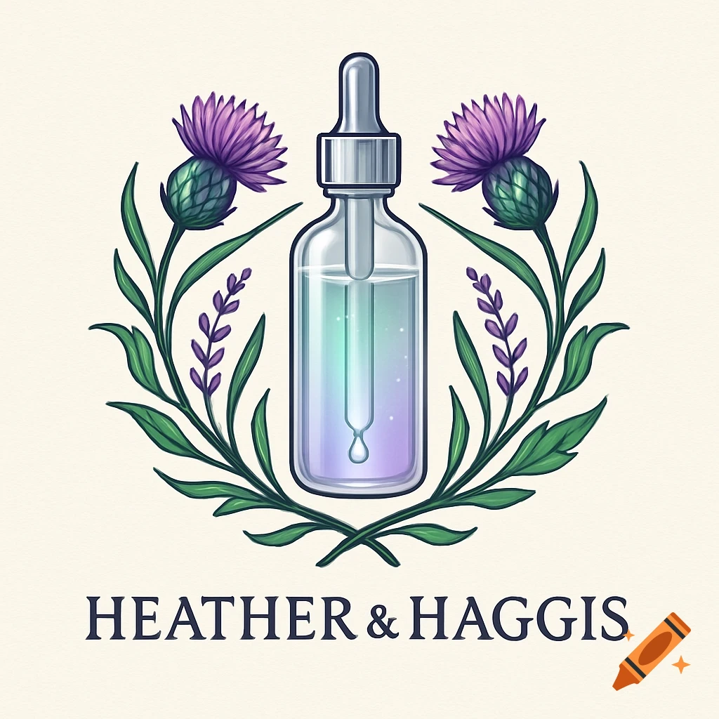 A stylized botanical logo featuring a dropper bottle with colorful liquid, framed by purple thistles and green leaves, above the text 'HEATHER & HAGGIS'.