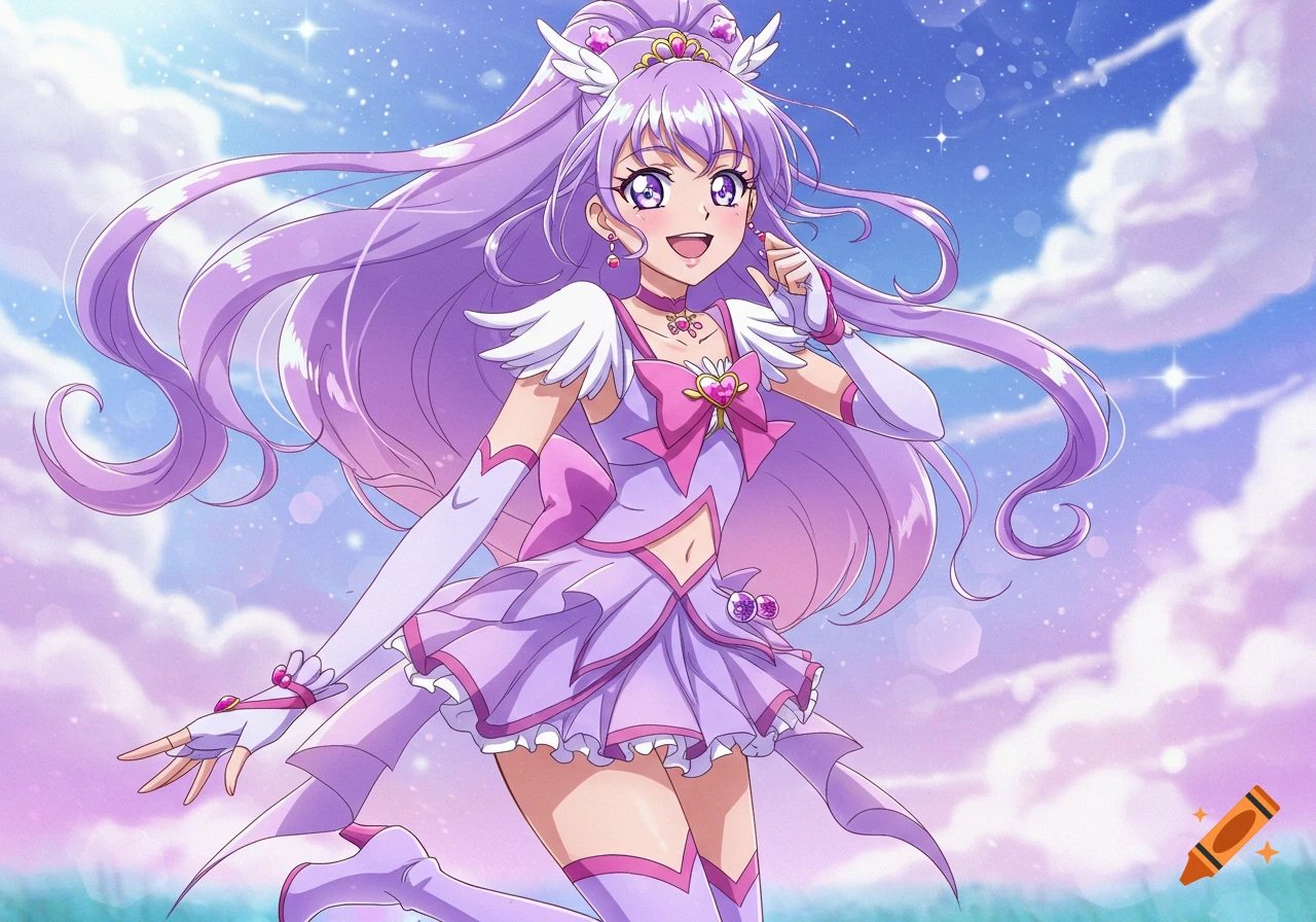A pretty anime magical girl with long purple hair and a lilac outfit, smiling and jumping in a sparkling blue sky with clouds.