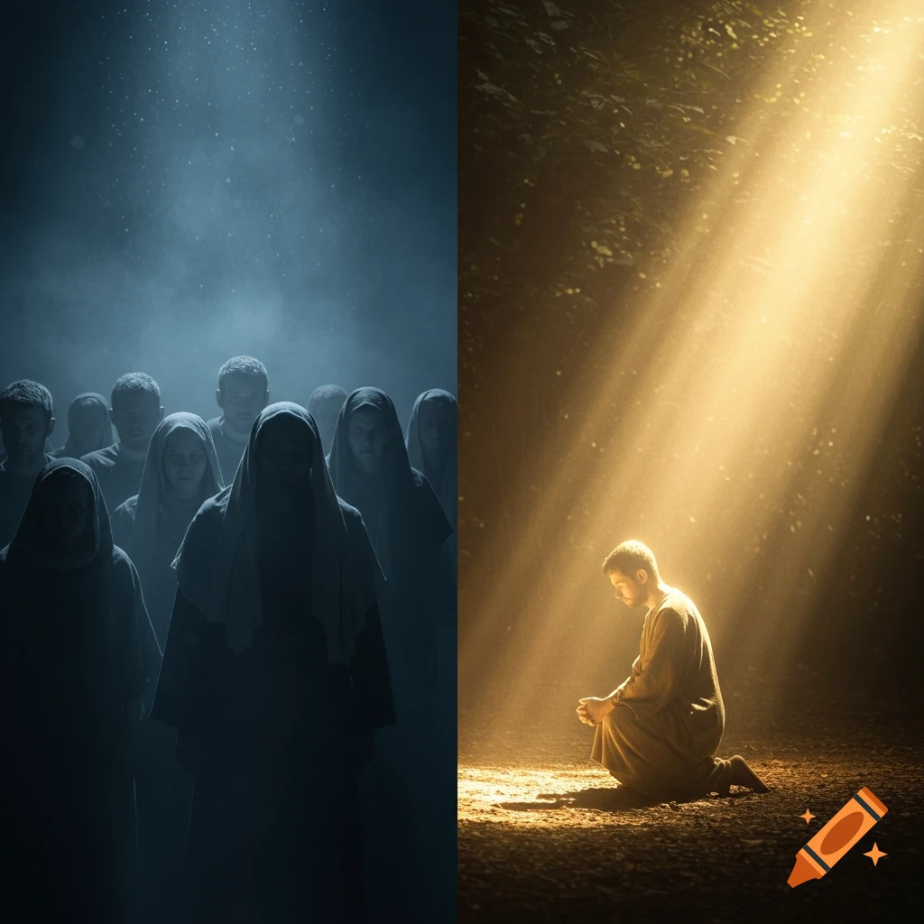 A split scene: on the left, a group of people in dim, cool light; on the right, a man kneels in warm golden light.
