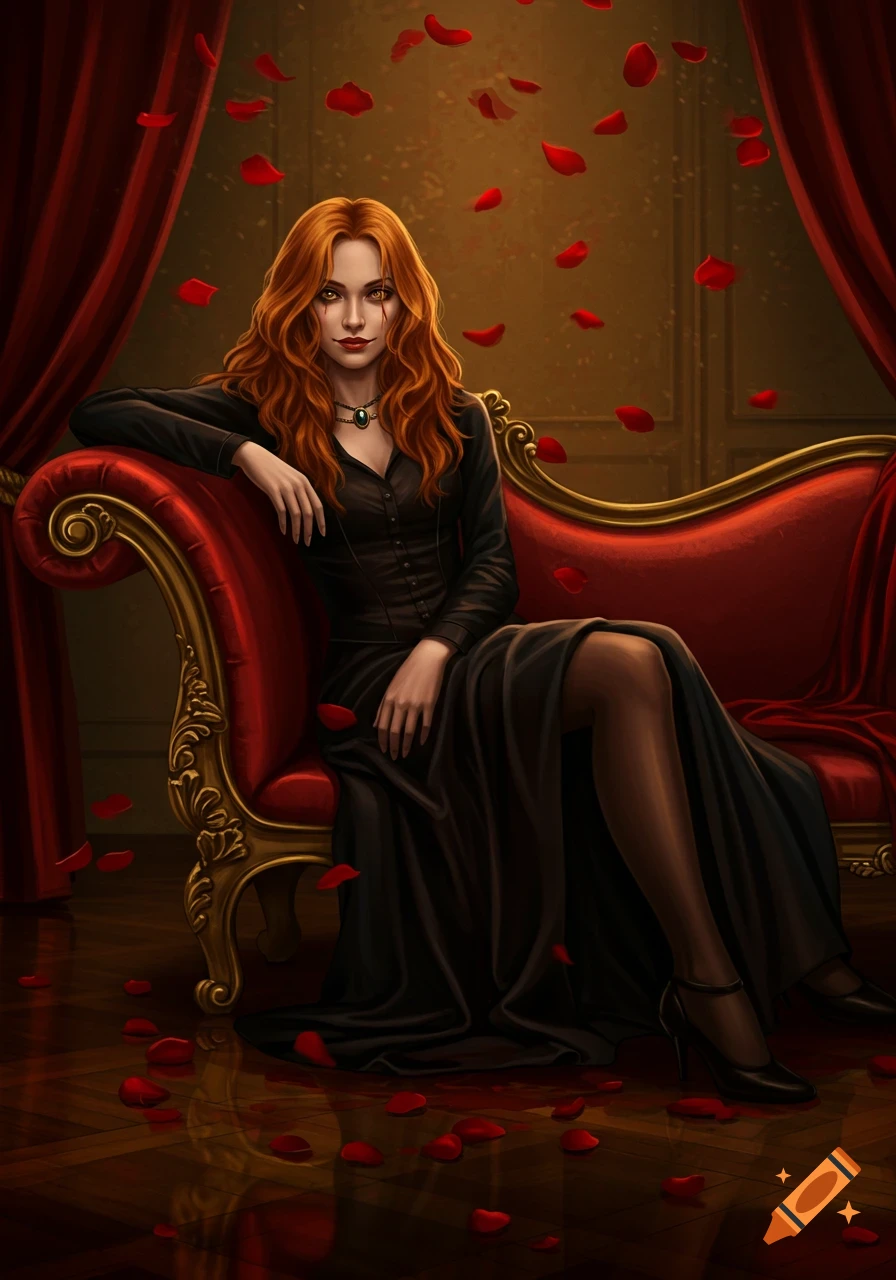 Red-haired woman with red eyes in a black dress reclines on a red sofa with falling rose petals, digital painting.