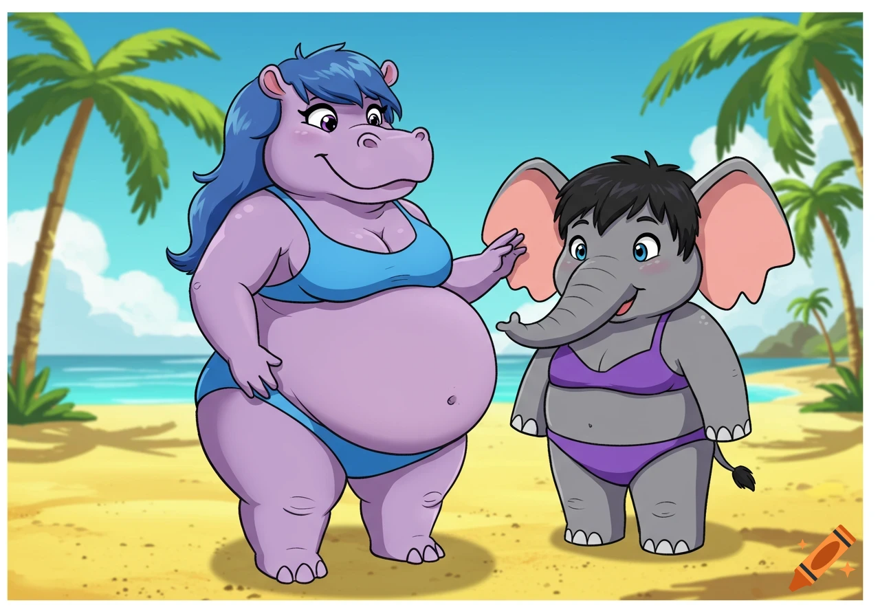 A cartoon pregnant purple hippo in a blue bikini and blue hair stands with a grey elephant in a purple bikini and black hair on a sunny beach.
