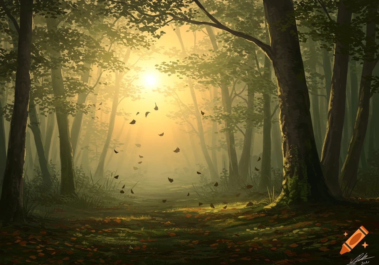 A radiant, stylized forest scene with golden sunlight filtering through the trees, illuminating a misty path and fallen autumn leaves.