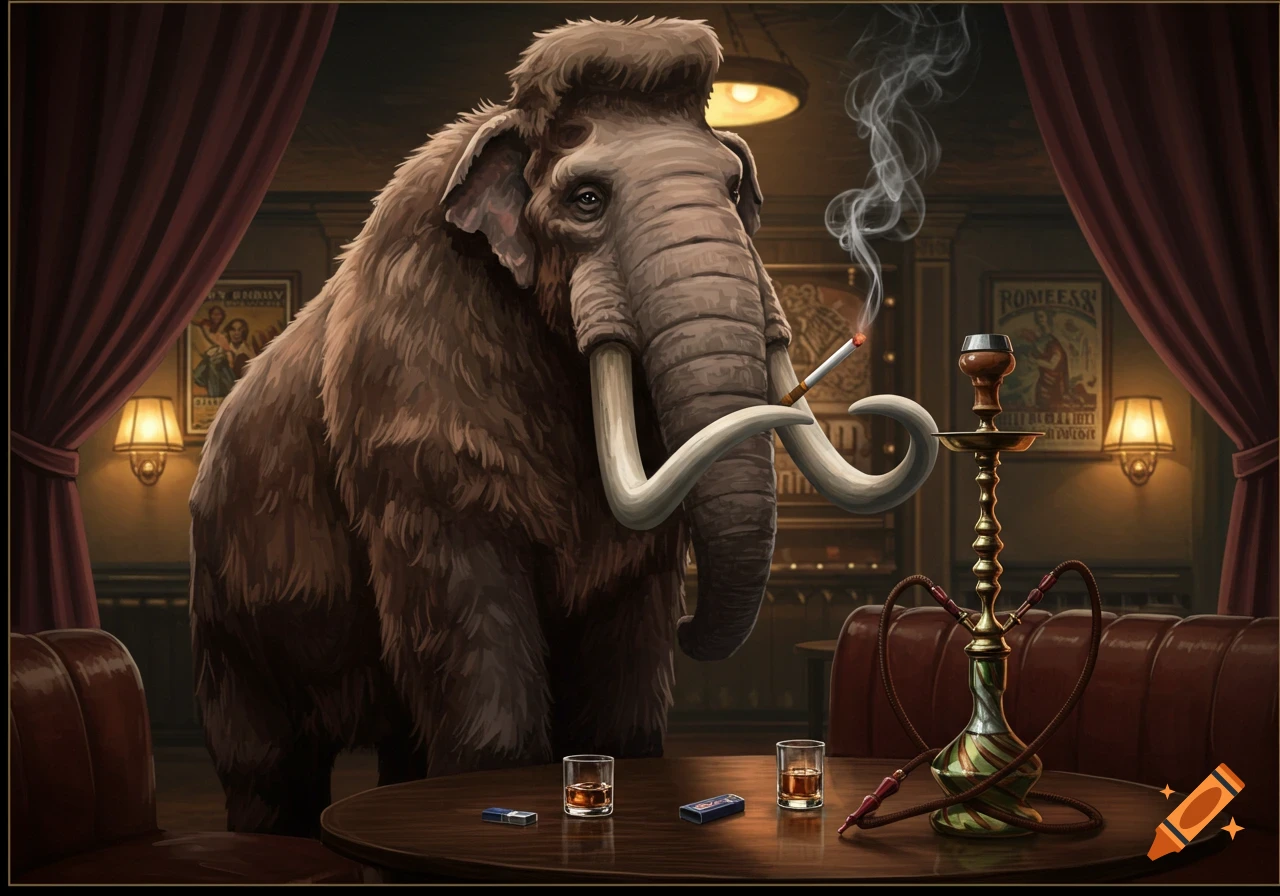 A brown furry mammoth with large tusks smokes a cigarette in a dimly lit lounge with a hookah and drinks on a table, in a painted style.
