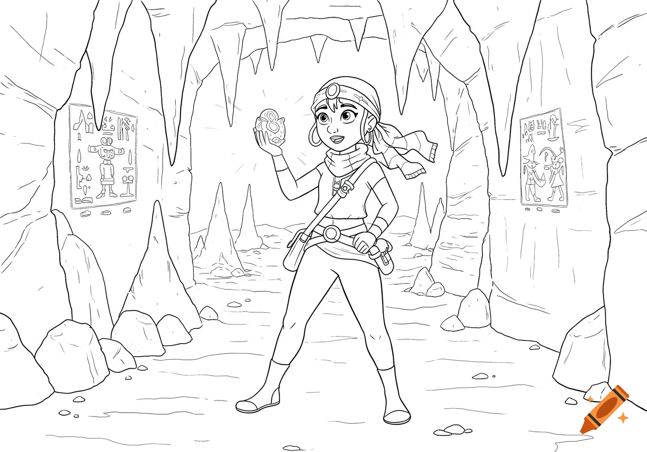 Line art of a young girl explorer in a desert cave holding a glowing artifact, with ancient carvings on the walls.