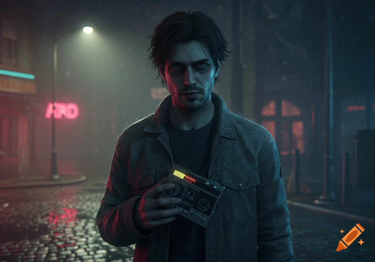 Mysterious man with dark hair and tired eyes holds a tape recorder in a rainy, foggy city at night with neon lights, photorealistic.
