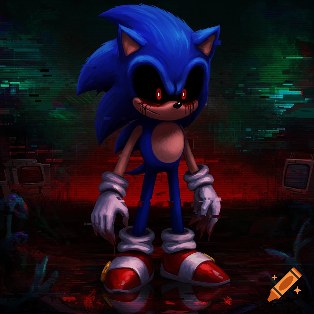 Sonic.exe stands with bloodshot, bleeding eyes and bloody hands in a dark, glitchy, red and green digital background.