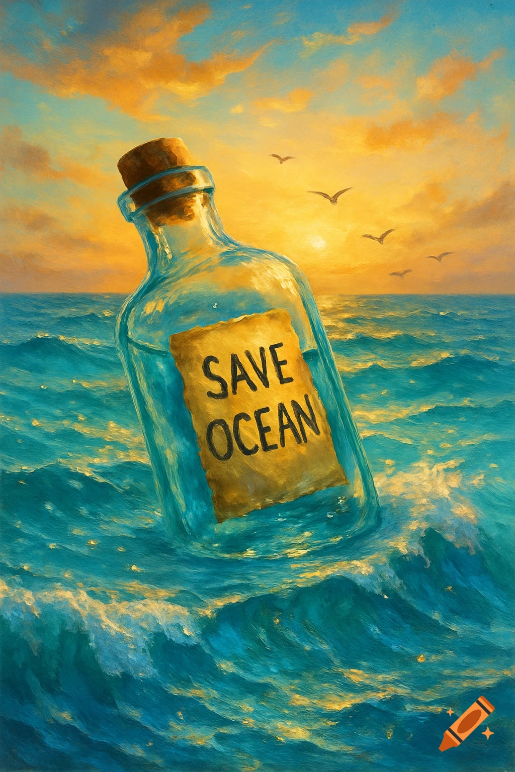 Painterly image of a clear bottle with a 'SAVE OCEAN' message floating in a turquoise ocean under an orange sunset, with birds flying.