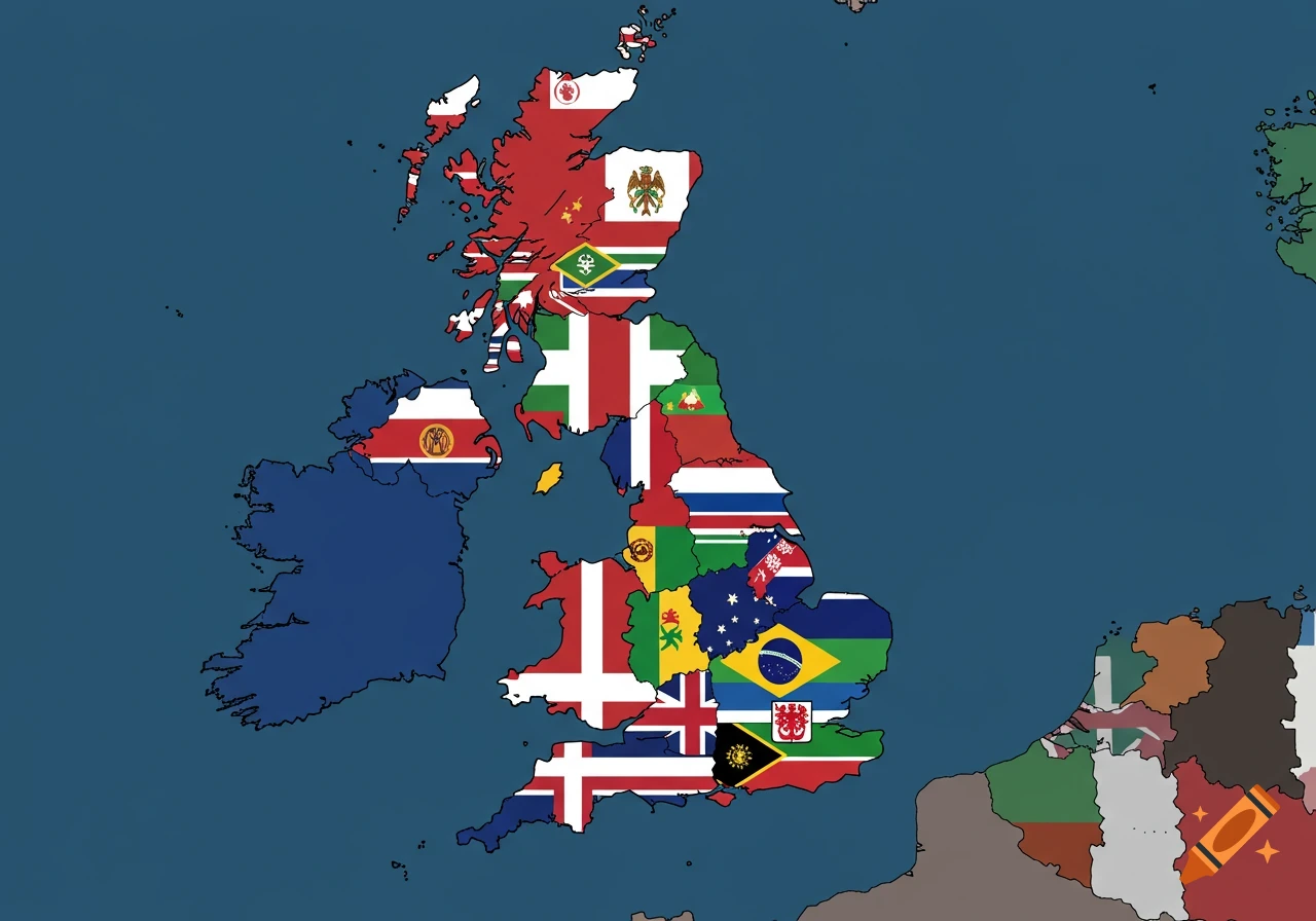 A colorful map of Great Britain and Ireland, where the landmass of Great Britain is filled with a mosaic of various national flags from around the world.