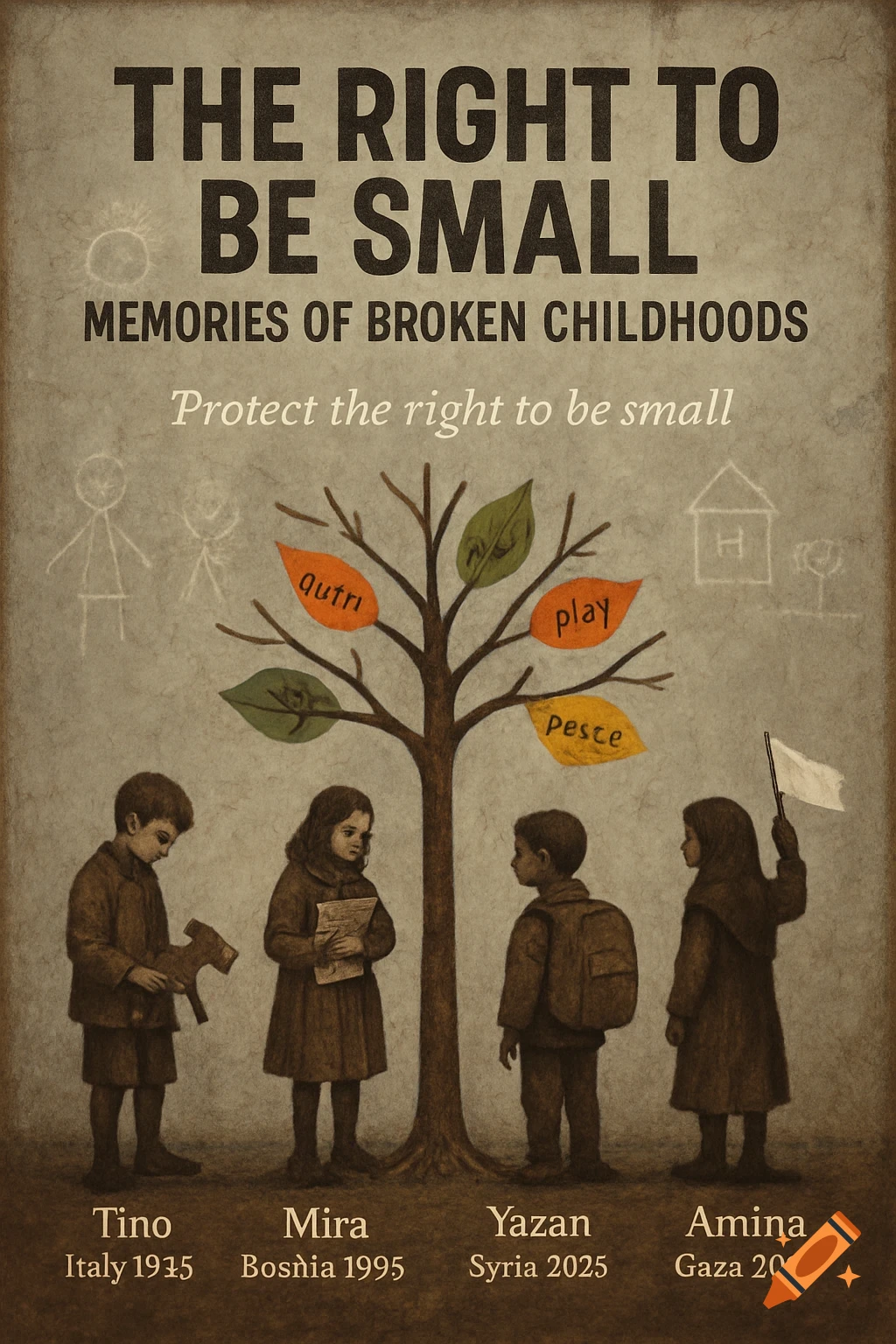 A poster with four children, a boy holding a broken toy, a girl with a book, a boy with a backpack, and a girl with a white flag, standing around a tree with words on leaves, depicting broken childhoods and calling to protect the right to be small. The text includes names Tino, Mira, Yazan, Amina with locations and years.