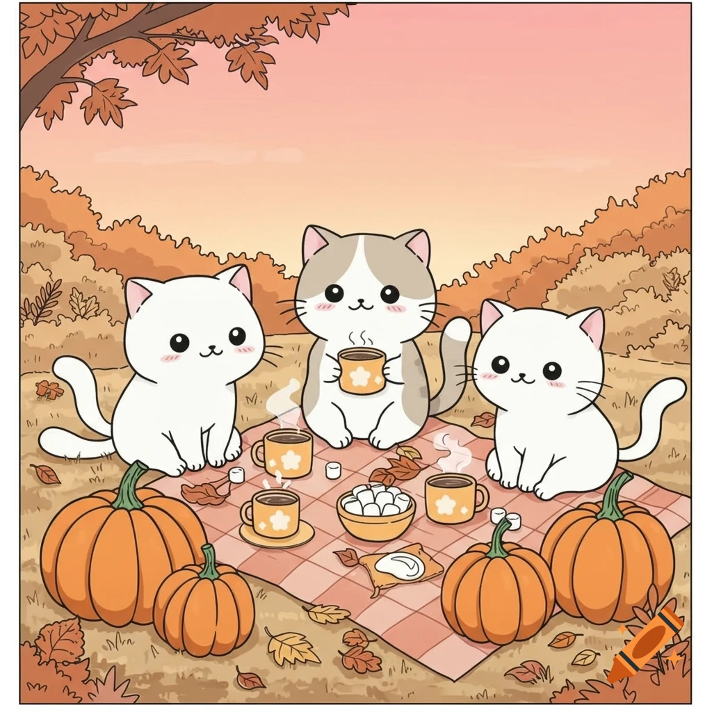 Three kawaii cats on an autumn picnic with coffee, marshmallows, and pumpkins at sunset, in a coloring page style.
