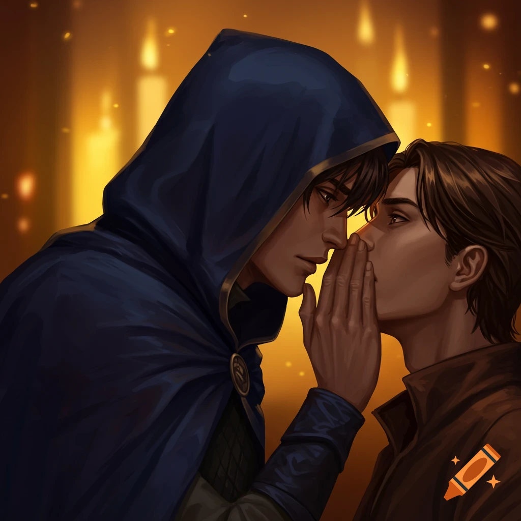 A man in a dark hooded cloak whispers intimately to another man, who listens intently with a hand to his ear, in a warm, candlelit setting. Digital illustration.