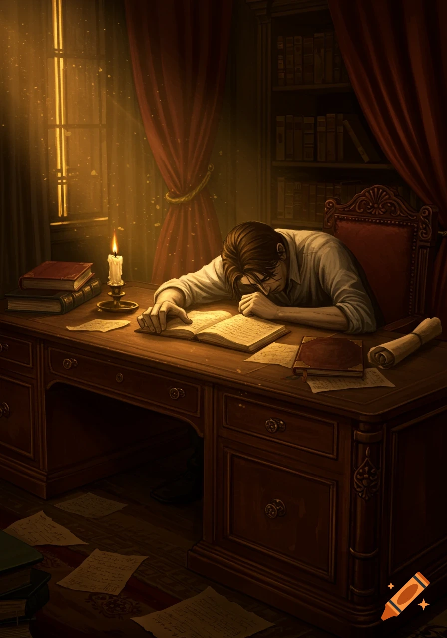 A man slumps over an open book on a candlelit wooden desk, surrounded by papers and books in a dimly lit study.