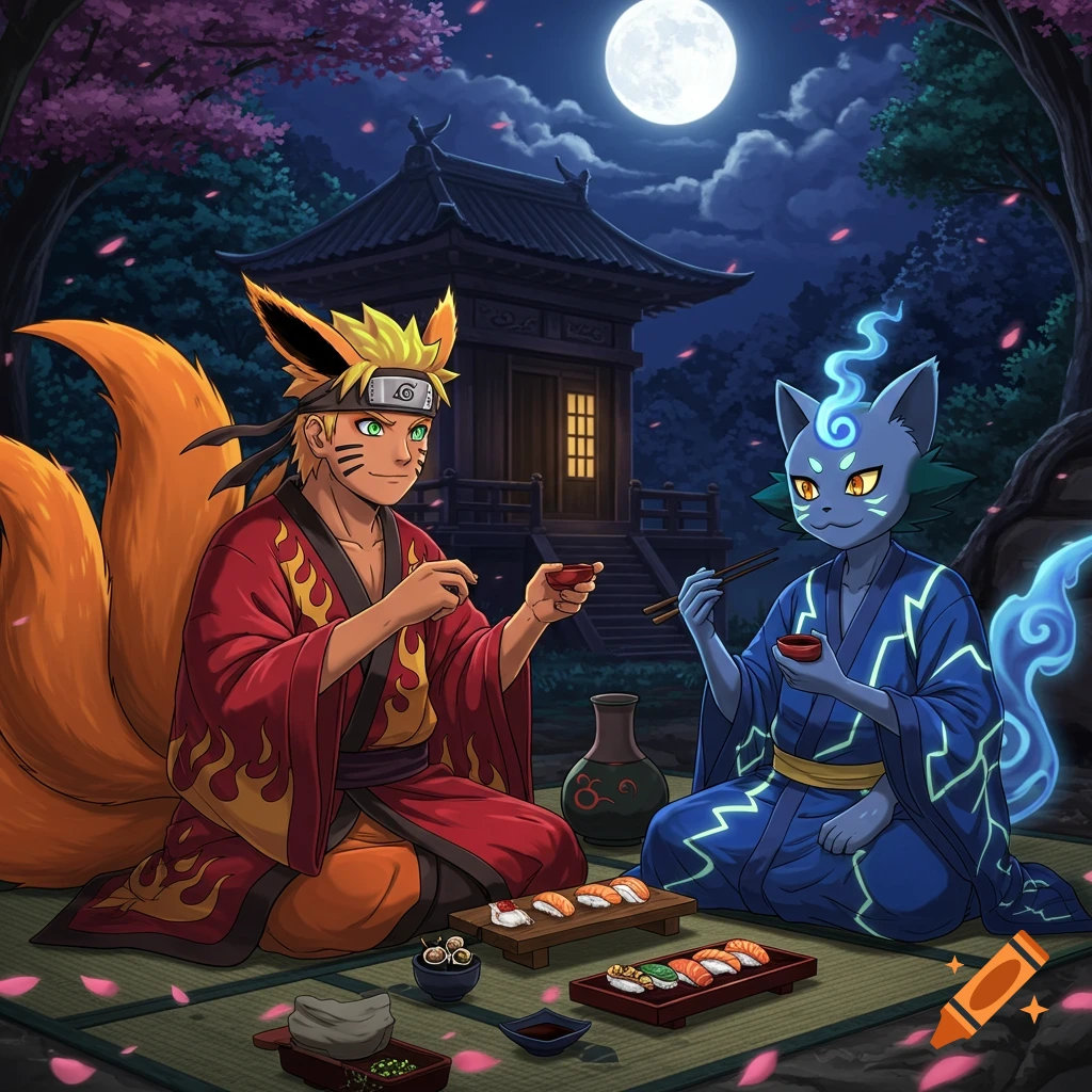 Naruto and a blue cat yokai sit at night outside a Japanese temple under a full moon, eating sushi and drinking.