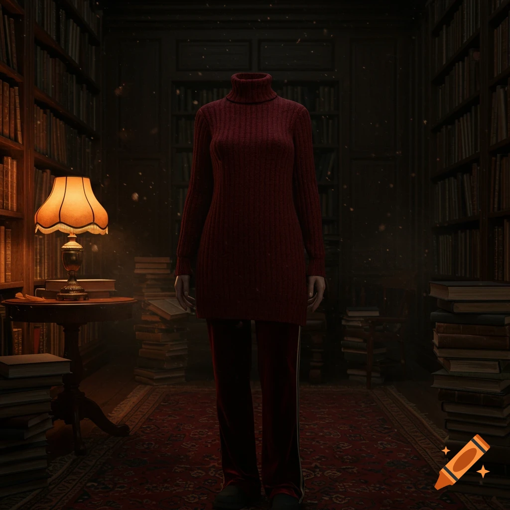 A headless figure in a dark red sweater dress and velvet sweatpants stands in a dimly lit, antique library with stacks of books.