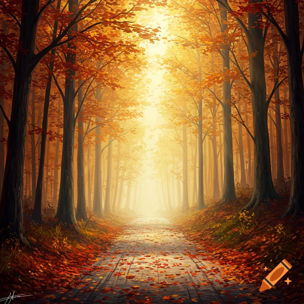 A serene autumn forest path bathed in golden light, with red and orange leaves covering the ground and trees.