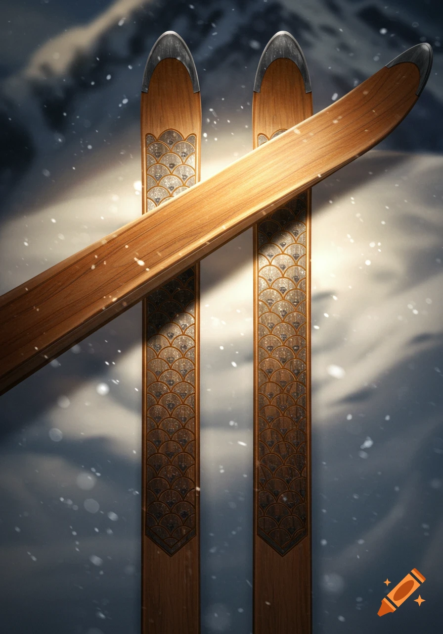 Two ornate wooden skis with an engraved fish scale pattern, partially crossed in a snowy mountain landscape.