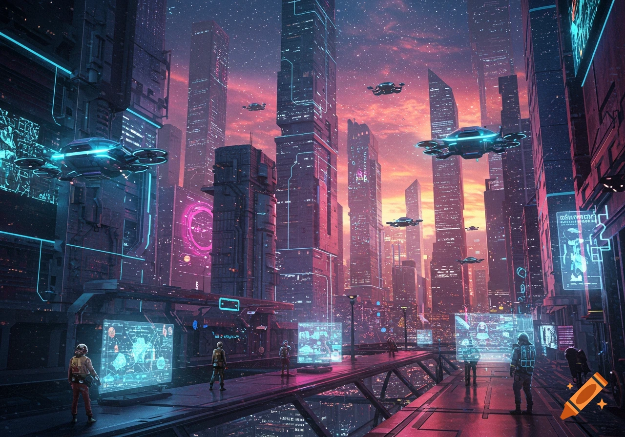 A vibrant futuristic cityscape with towering skyscrapers, neon lights, flying vehicles, and people on platforms viewing holographic screens under a starry twilight sky.