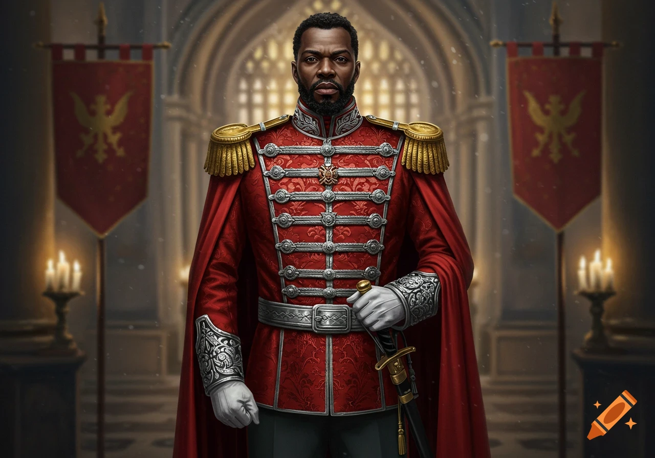 A distinguished man with a beard stands in a grand hall, wearing an elaborate red, silver, and gold military uniform with a cape.