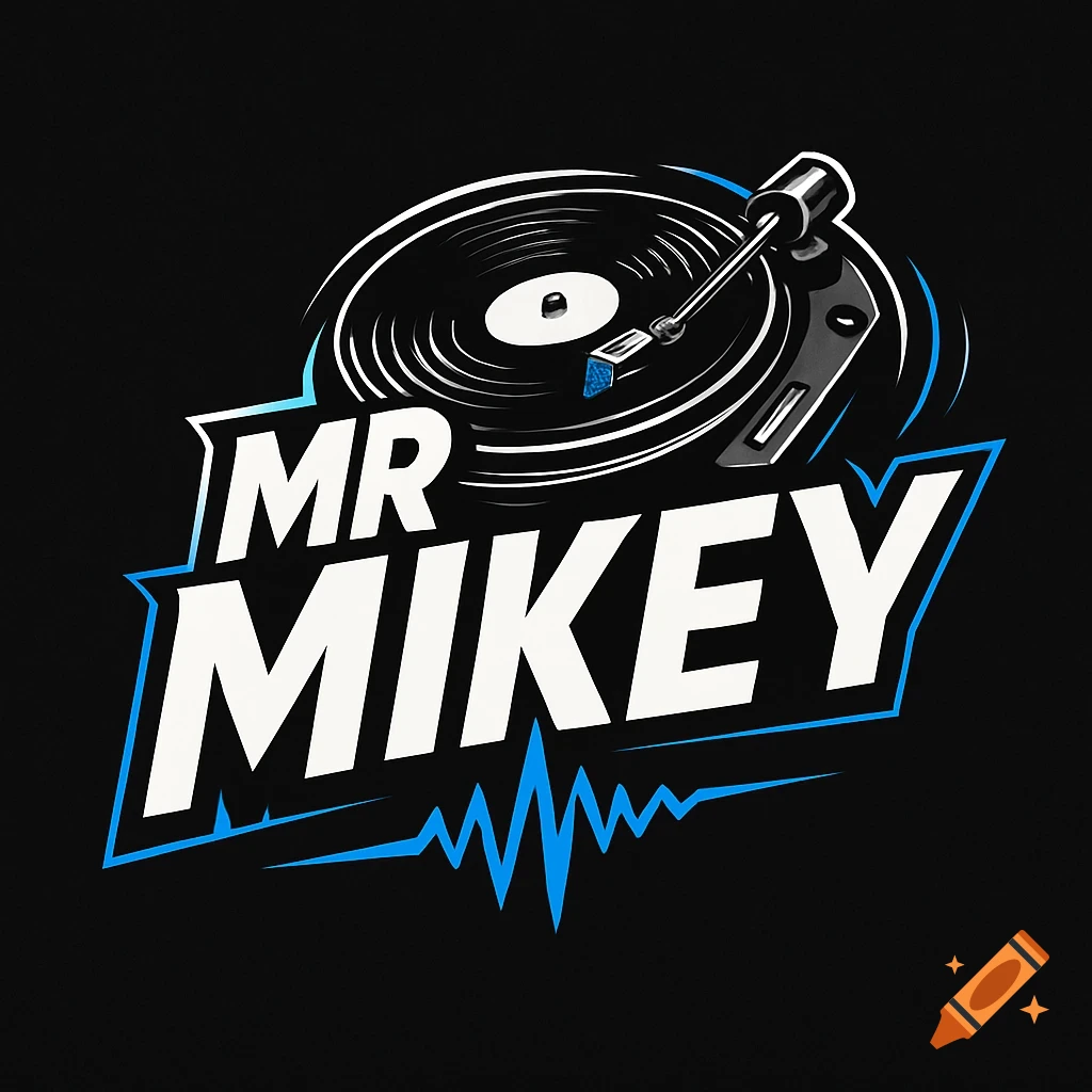 Stylized logo for 'Mr Mikey' featuring a record player, bold white text with blue outlines, and a blue sound wave on a black background.
