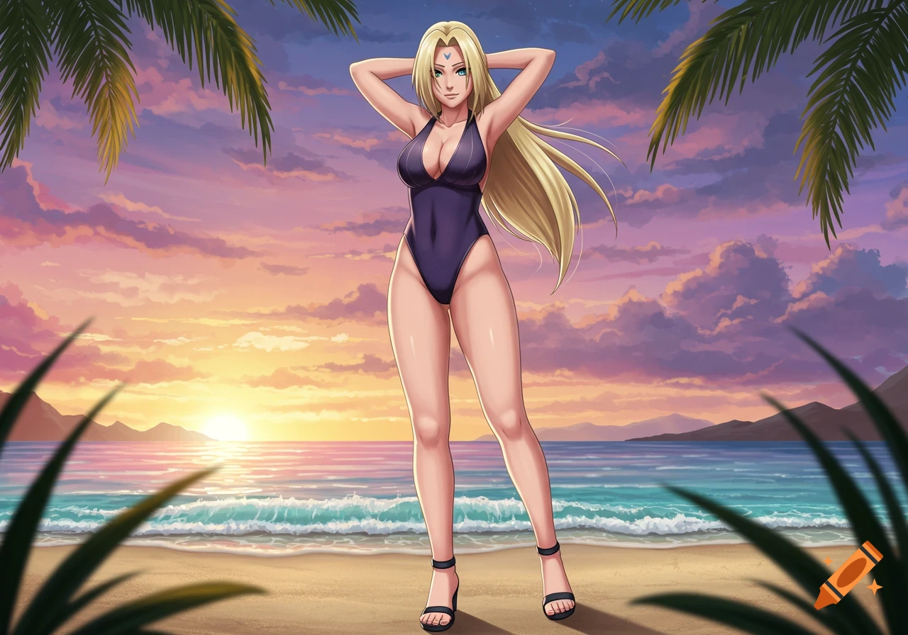 An anime character, Tsunade, in a dark swimsuit and heels, poses on a sandy beach at sunset with palm fronds.