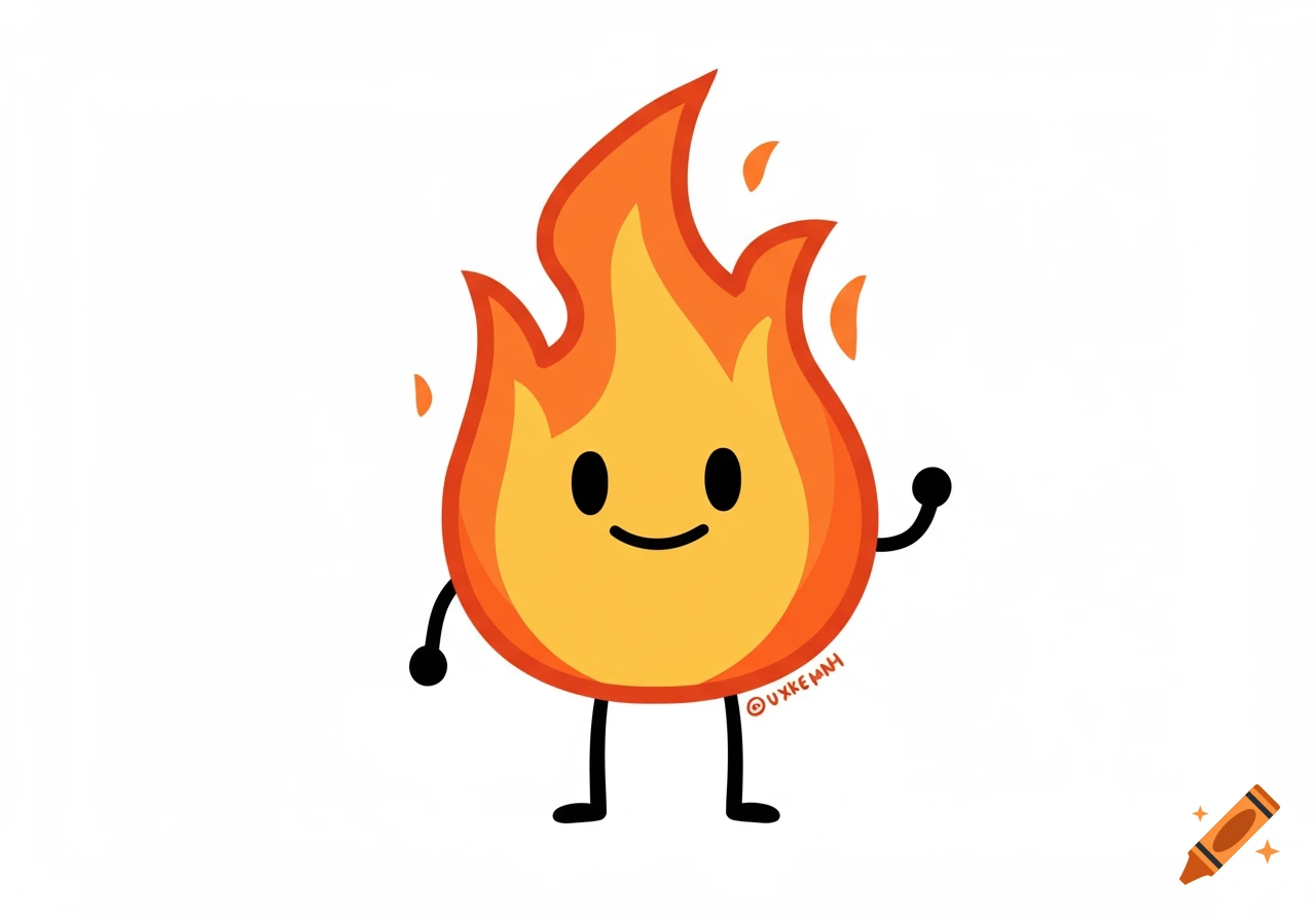 A cute cartoon flame character with a smiling face, stick arms, and stick legs, on a white background.