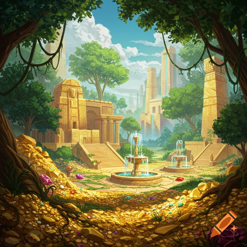 A vibrant fantasy illustration of ancient golden ruins and steps, two fountains, and a ground covered in gold nuggets and colorful gemstones, viewed through a jungle canopy.