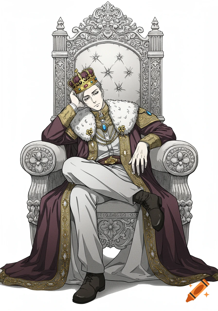 An anime king sits on an ornate white throne, looking bored with his head resting on his hand, against a white background.