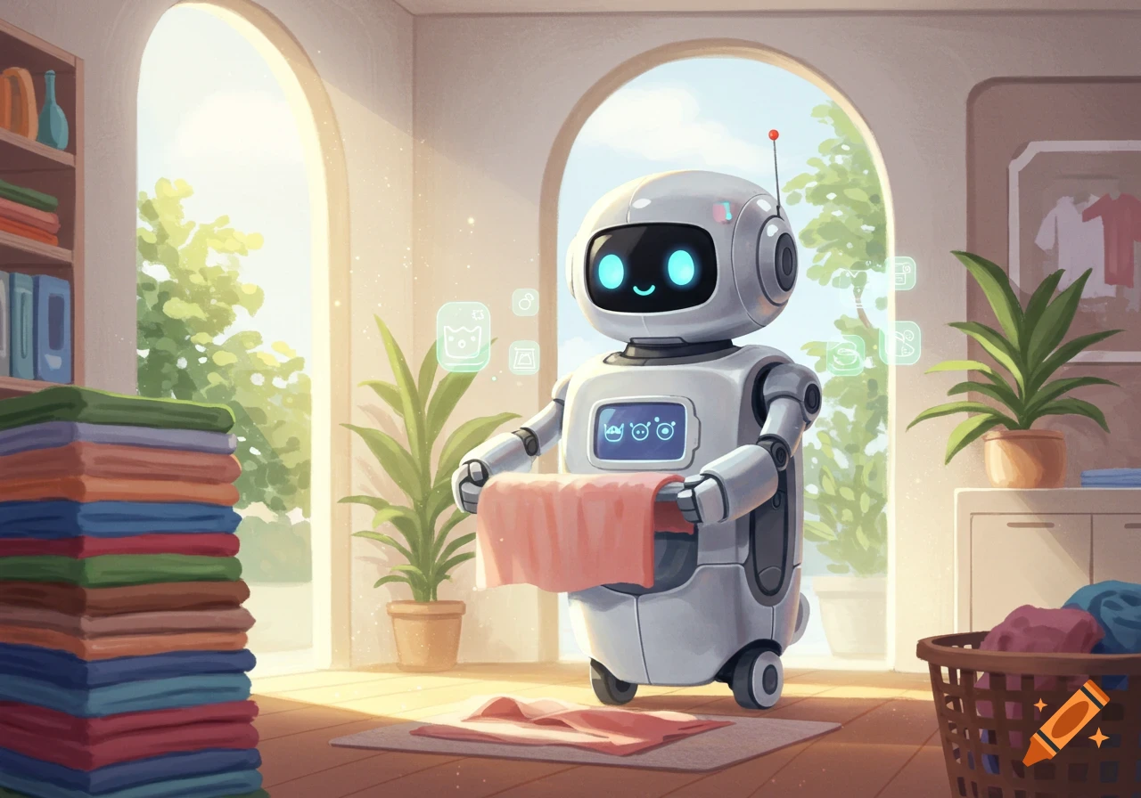 A cute white robot folds a pink towel in a sunny laundry room with stacks of colorful clothes and a laundry basket, illustration.
