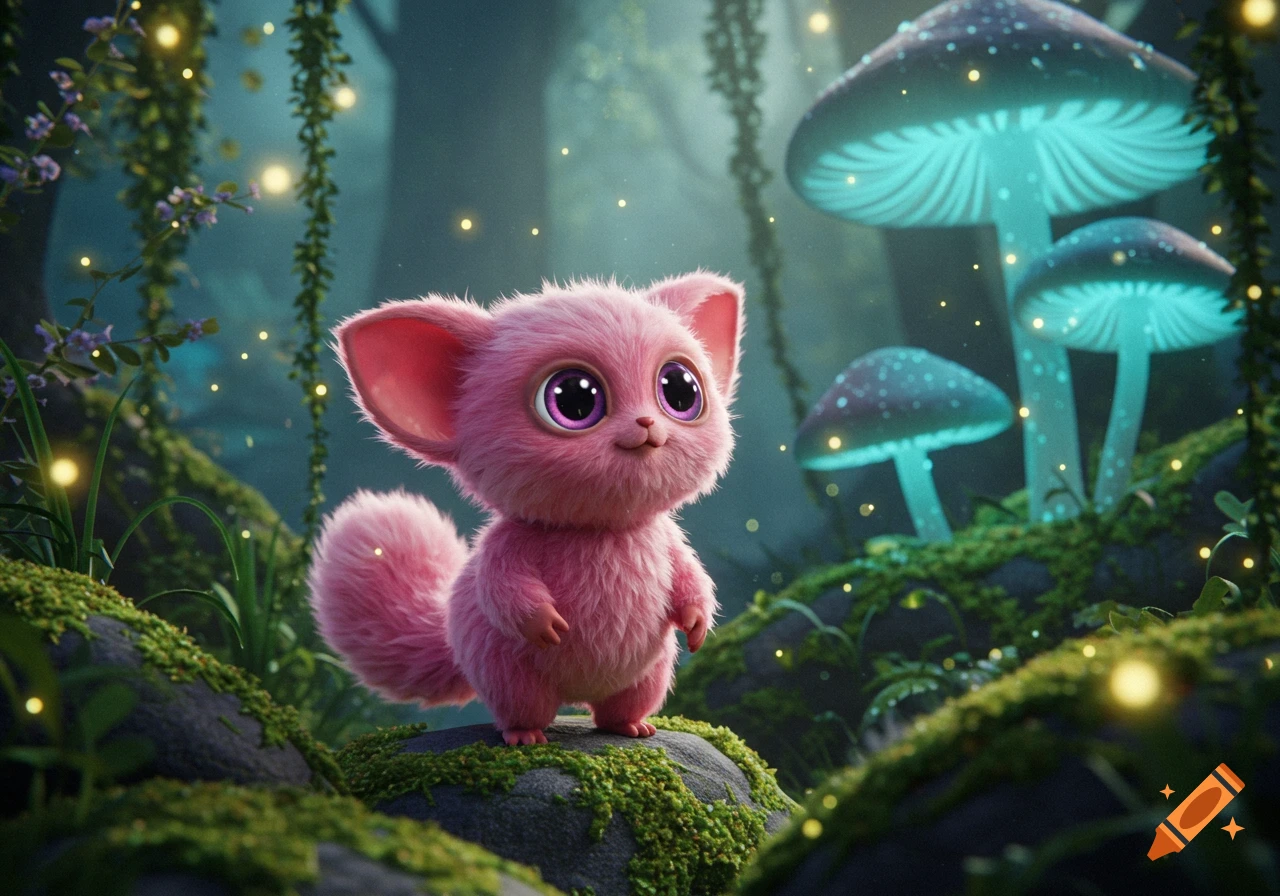 A cute, fluffy pink creature with large purple eyes stands on a mossy rock in a magical forest with glowing blue mushrooms and fireflies.