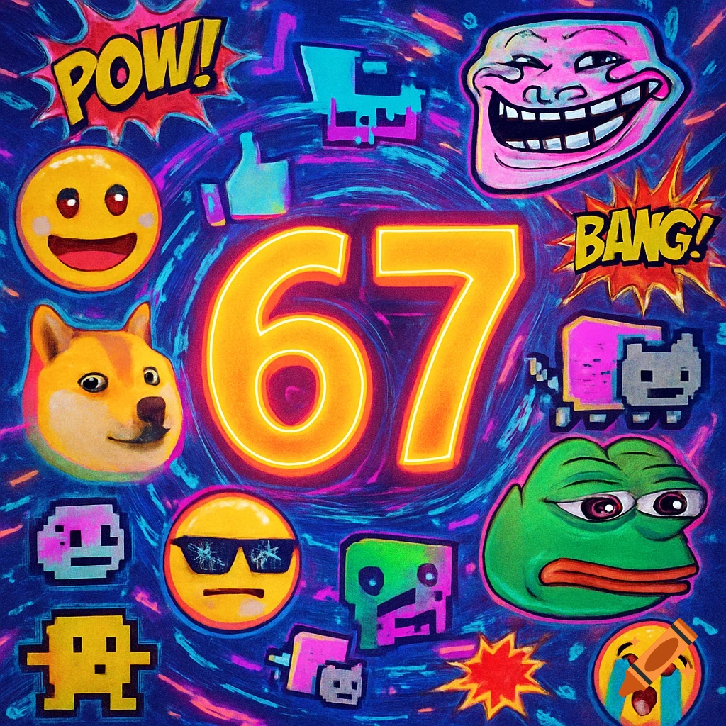 A vibrant, meme-themed digital art piece with a neon '67' surrounded by Doge, Pepe, Trollface, Nyan Cat, pixel art, and various emojis.