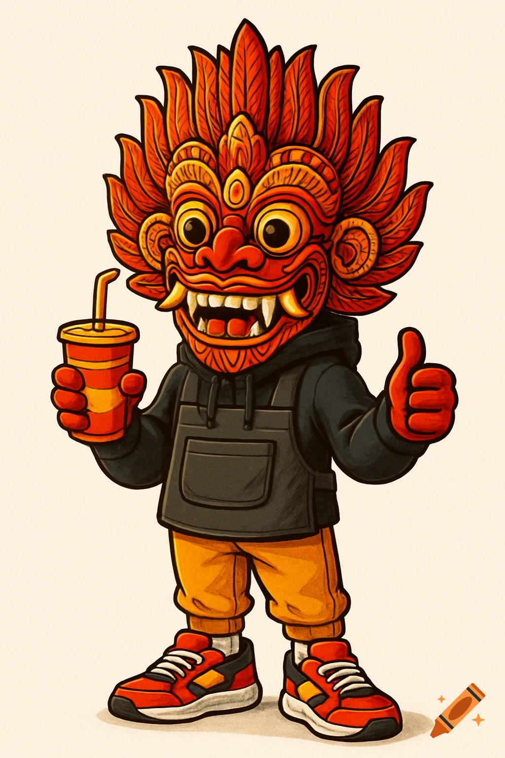 A colorful modern Sri Lankan devil mask mascot wearing a black hoodie, orange pants, and sneakers, holding a drink and giving a thumbs up.