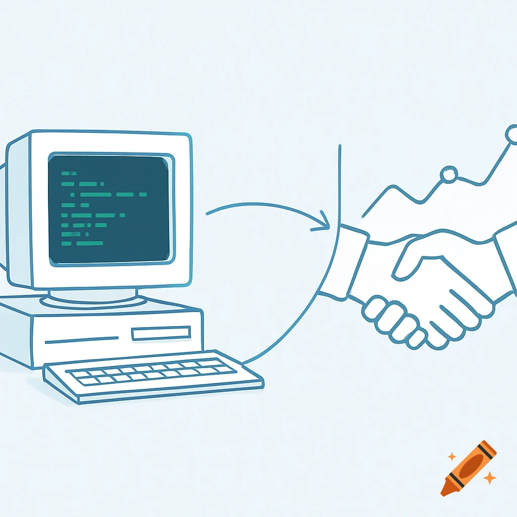 A clean, minimalist illustration showing a 90s computer with code transitioning via a curved line to a handshake and a rising graph, depicting business growth.