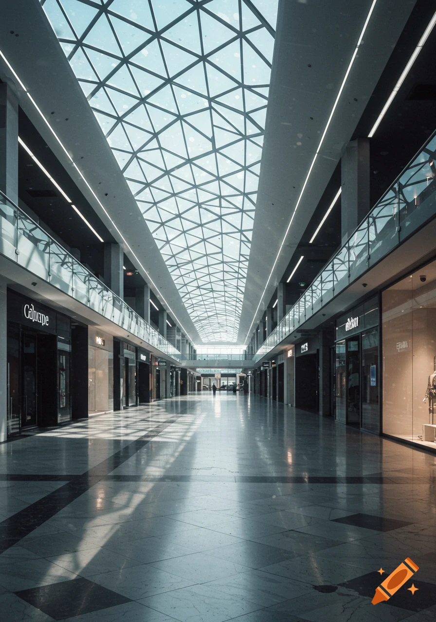 A long, empty modern shopping mall interior with a glass skylight ceiling, reflective marble floors, and storefronts on two levels.