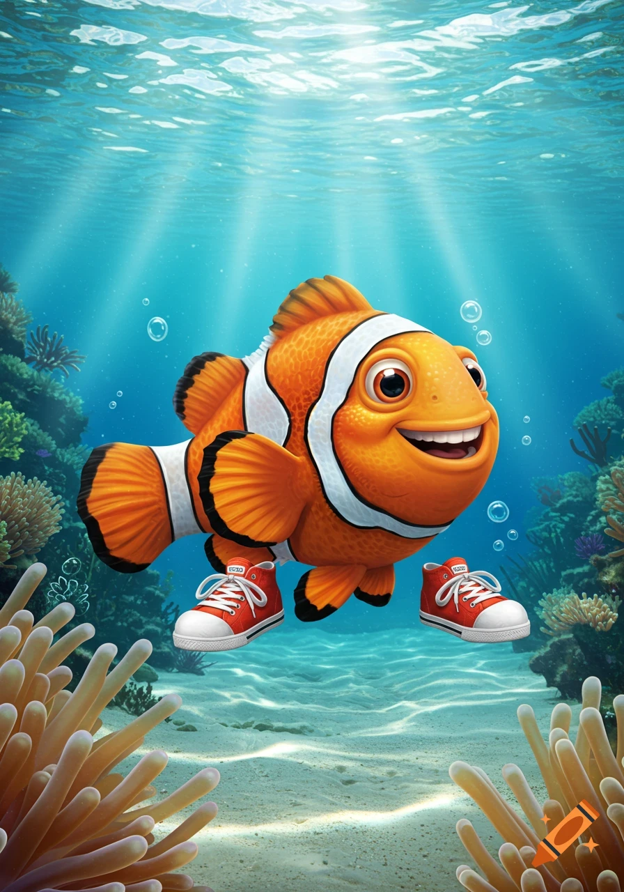 A cartoon clownfish with a big smile wears red sneakers while swimming underwater amongst corals and sea anemones.