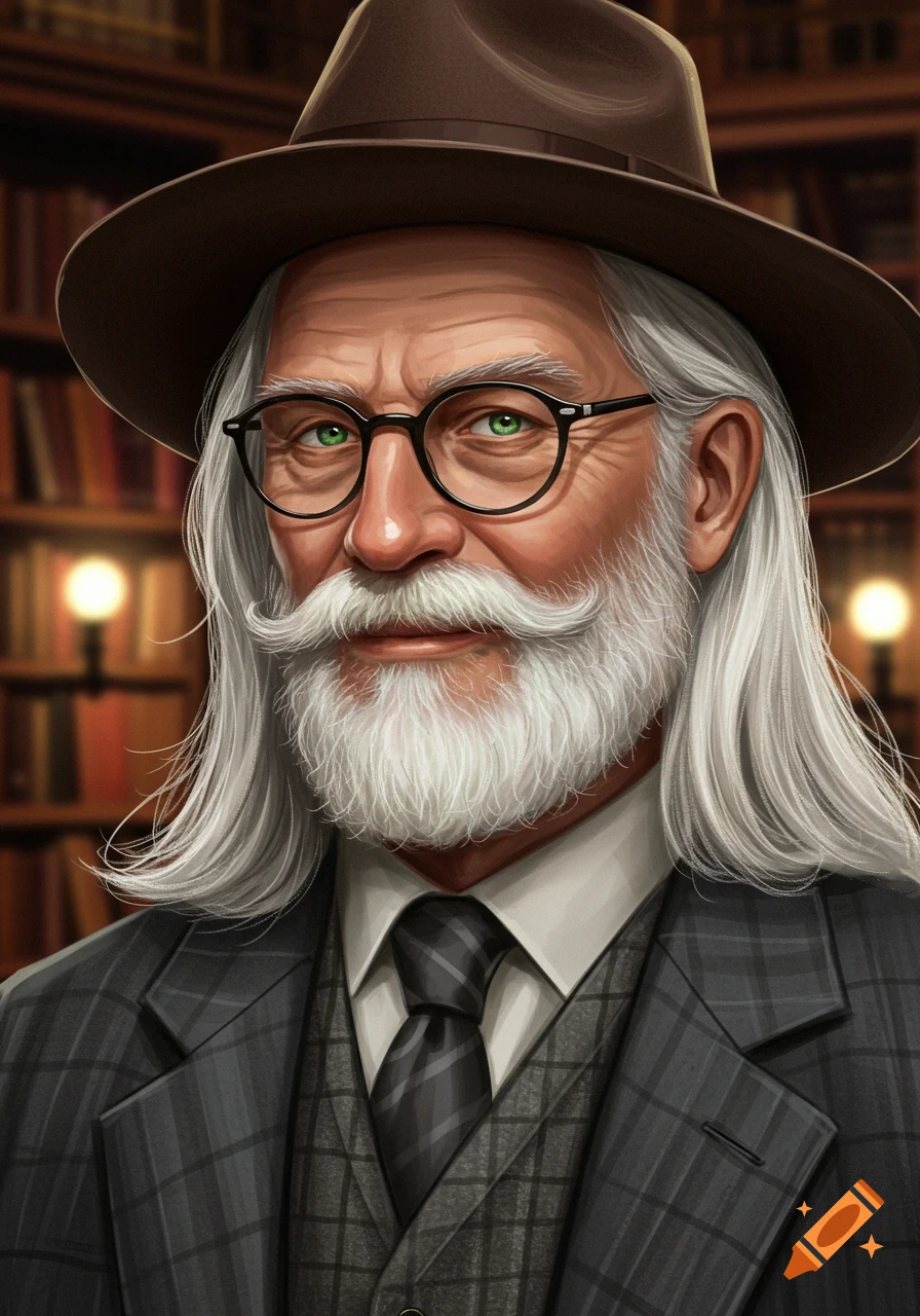 A detailed portrait of an older man with long white hair, a white beard, green eyes, black glasses, a brown fedora, and a gray plaid suit, standing in a library.