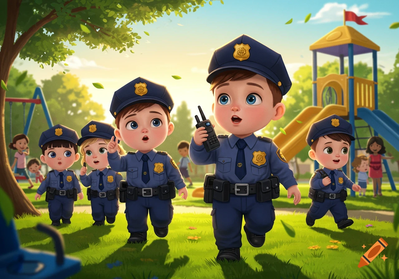 Cartoon toddlers in police uniforms playing in a sunny park with a playground, holding a walkie-talkie.
