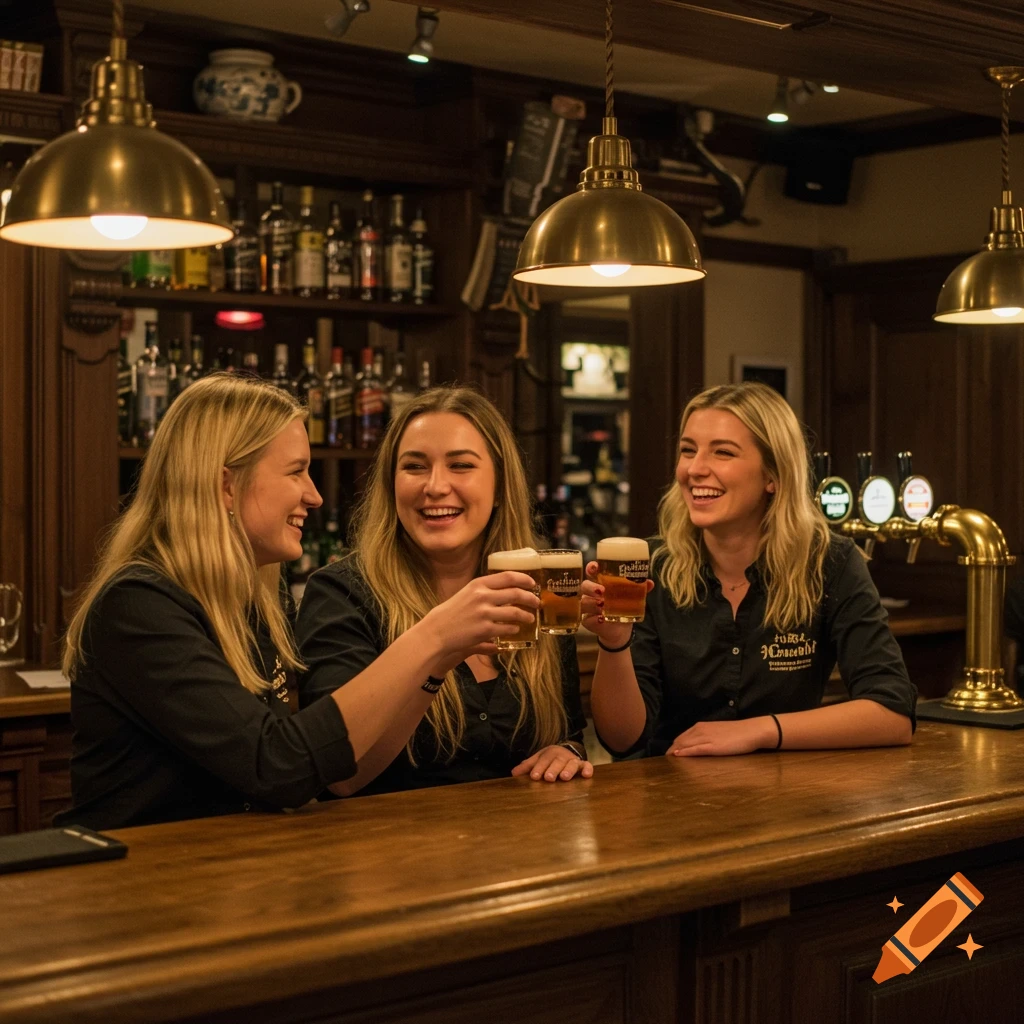 Three cheerful women clinking beer glasses at a rustic wooden bar in a cozy pub, laughing heartily.